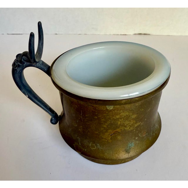 Antique Brass Shaving Mug With Milk Glass Liner & Silver-Toned Shield Cartouche For Sale In Los Angeles - Image 6 of 11