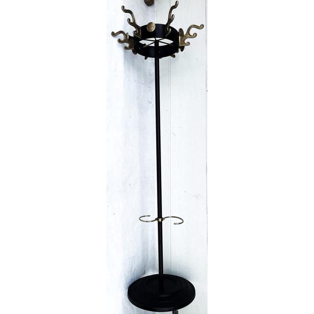 Mid-Century Modern Brass and Black Metal Coat Stand in the style of Jacques Adnet, 1950s For Sale - Image 3 of 18