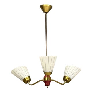 1950s Swedish Modern, Three-Light Pendant Light, Brass, Wood, Glass For Sale