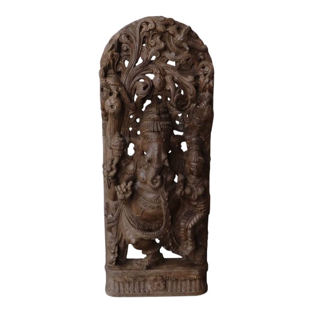 Tall 38" Hand Carved Teak Wood Ganesha Statue | Vintage Indian Ganapati Sculpture for Pooja Mandir Decor | Hindu God Idol 1940s For Sale