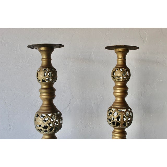 Vintage Altar Size Pierced Brass Floor Candlestick Holders Ornate Reticulated Design Mid Century For Sale - Image 13 of 15