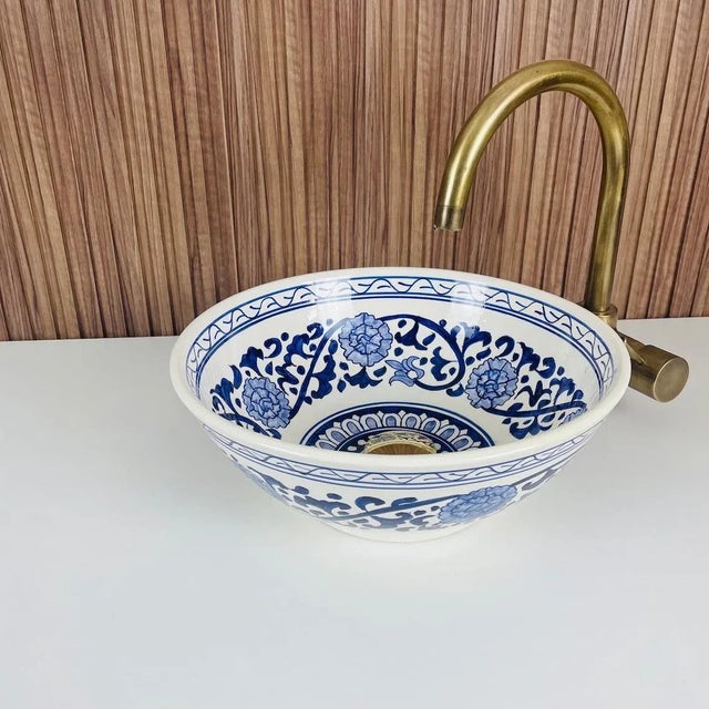 2020s Flower Ceramic Handmade Moroccan Blue Design Sink for Bathroom For Sale - Image 5 of 7