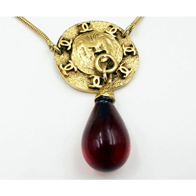 Chanel Chanel Rare Vintage Gold Plated CC Lion Red Tear Drop Necklace For Sale - Image 4 of 6