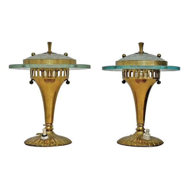 Brass and Glass Table Lamps attributed to Pietro Chiesa for Fontana Arte, 1950s, Set of 2 For Sale