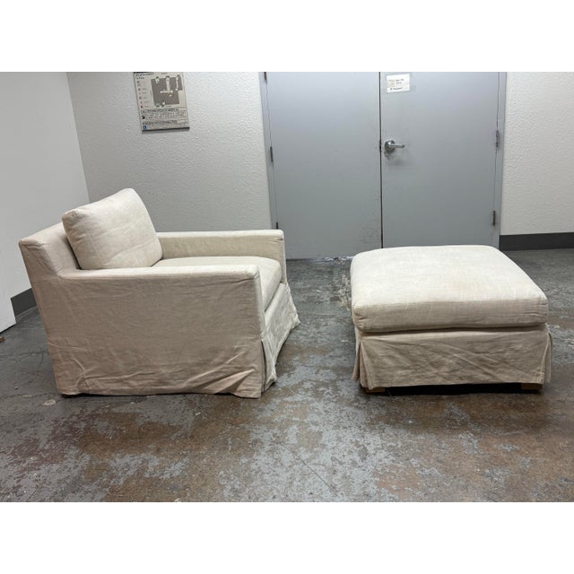 Restoration Hardware Restoration Hardware Slipcover Belgian Linen Shelter Armchair + Ottoman For Sale - Image 4 of 12