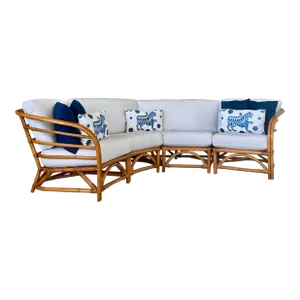 Mid-20th Century Restored Refinished Rattan Four Piece Custom Upholstered Sectional With Lee Jofa Pillows