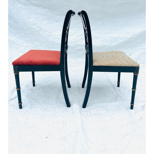 1950s 50's Regency Style Painted Black Chinoiserie Set of 2 Chairs For Sale - Image 5 of 12