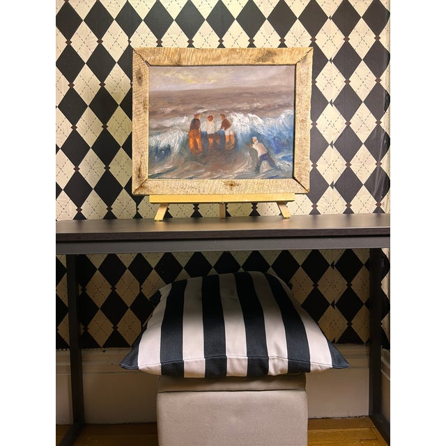 1990s Original Coastal Figural Seascape Oil Painting in Rustic Wood Frame, 18" For Sale - Image 13 of 16