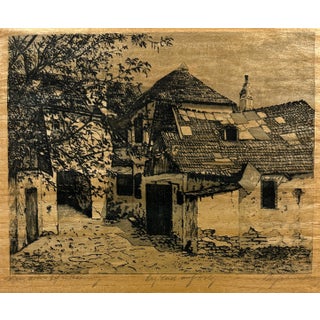 European Village Scene, Etching on Wood Paper, Pencil Signed, Early 20th Century For Sale