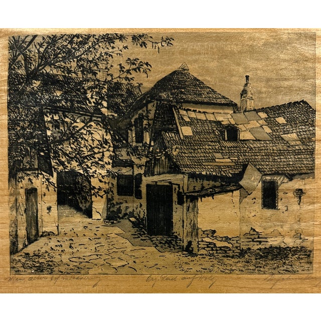 European Village Scene, Etching on Wood Paper, Pencil Signed, Early 20th Century For Sale