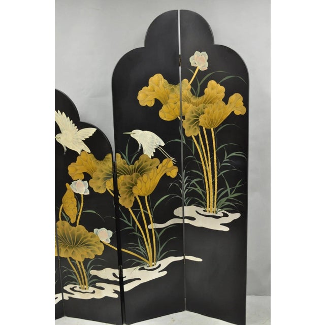 Chinoiserie Decorator Chinoiserie Black Lacquer Oriental Painted 4 Panel Room Divider Screen For Sale - Image 3 of 16