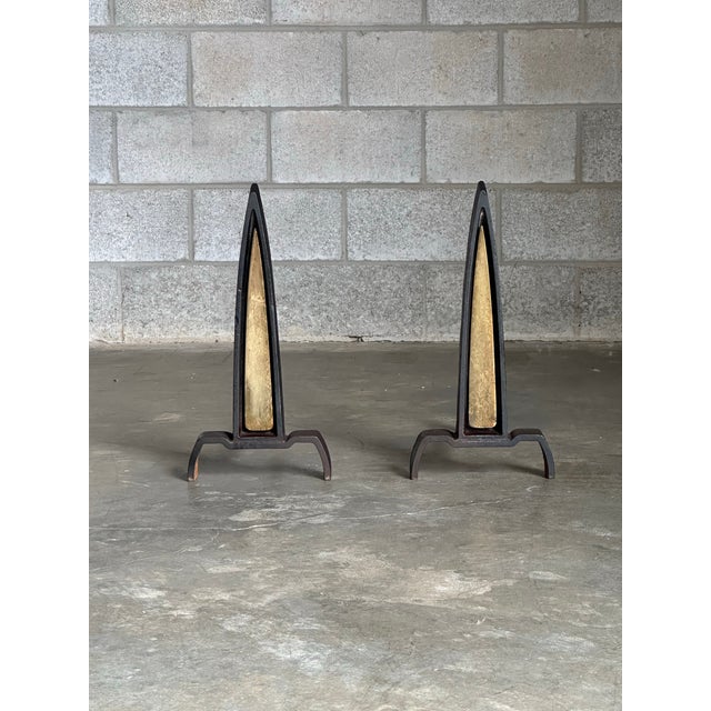 Art Deco 1950s Iron and Brass Andirons Attributed to Donald Deskey- A Pair For Sale - Image 3 of 12
