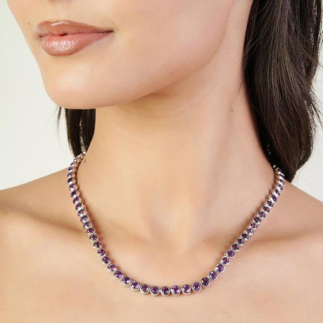 Timeless Bezel Set Amethyst Station Link Necklace for Gift For Sale - Image 6 of 13