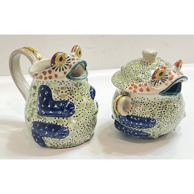 Vintage Mexican Pottery Cream and Sugar Frogs For Sale - Image 4 of 13