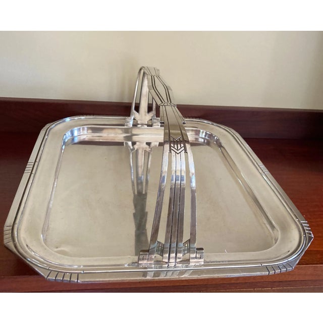 1930s Art Deco Silver Plated Footed Tray With Handle For Sale - Image 4 of 7