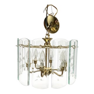 Mid 20th Century Mid-Century Modern 6 Light Etched Glass Panels Maple Leaf Design Chandelier For Sale