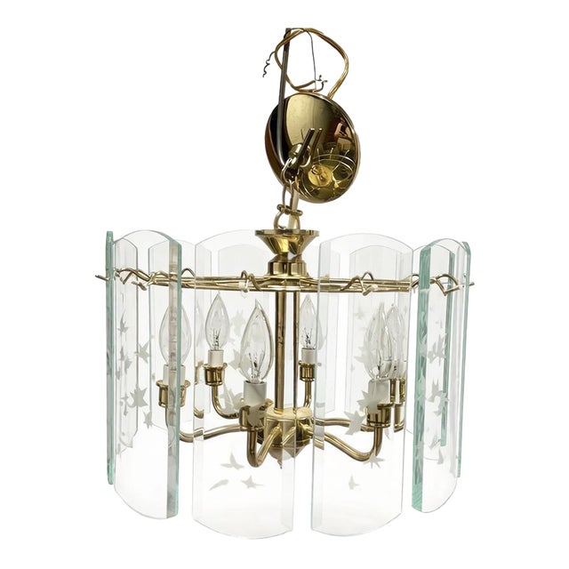 Mid 20th Century Mid-Century Modern 6 Light Etched Glass Panels Maple Leaf Design Chandelier For Sale