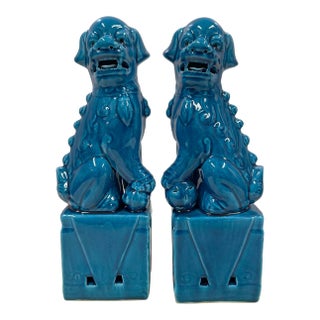 Vintage Chinese Porcelain Turquoise Foo Dog Figurines - A Pair For Sale