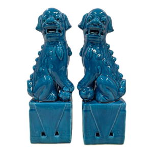Vintage Chinese Porcelain Turquoise Foo Dog Figurines - A Pair