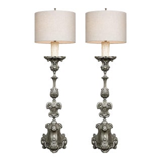 Pair Antique Solid Pewter Baroque Style Candlestick Floor Lamps For Sale