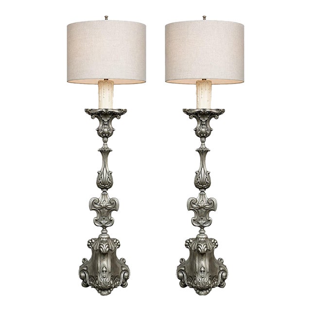 Pair Antique Solid Pewter Baroque Style Candlestick Floor Lamps For Sale