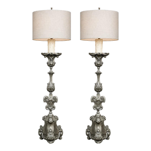 Pair Antique Solid Pewter Baroque Style Candlestick Floor Lamps