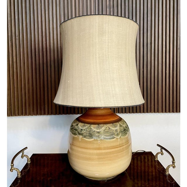 Beige Large Handcrafted Glazed Ceramic Art Table Lamp with Wild Silk Lampshade, Germany, 1960s For Sale - Image 8 of 18