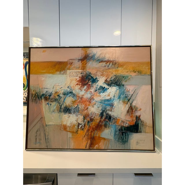 Large Vintage Abstract Oil Painting Earth Tone Modern Signed & Framed Wall Art Original abstract oil and mixed media on...