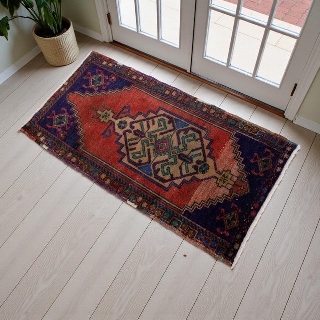 Vintage Oushak Rug 45x95 Small Turkish Mat Red Navy Wool Boho Accent This striking hand-knotted vintage mat features a...