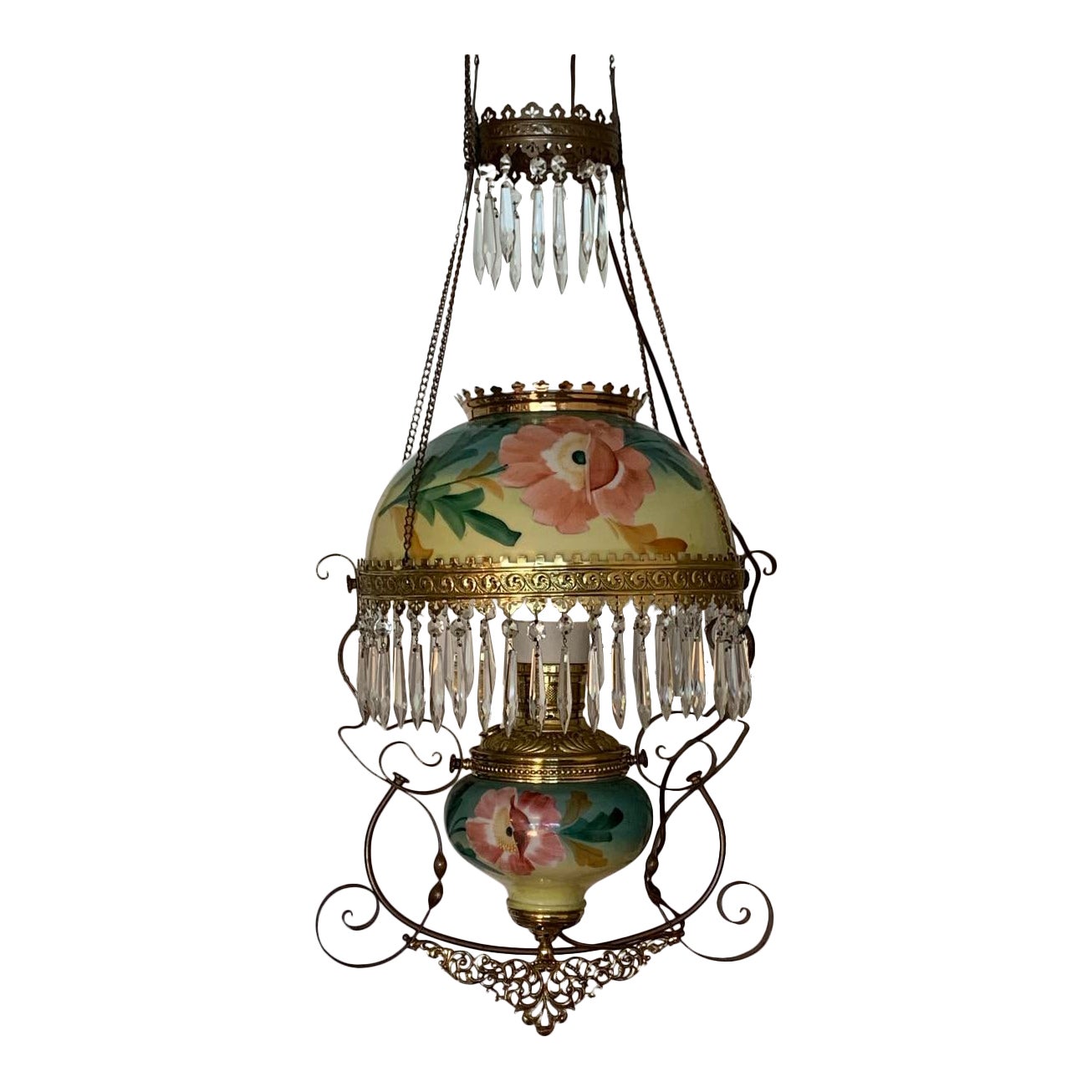 Antique Victorian Hanging Electrified Oil Lamp With Crystals Chairish