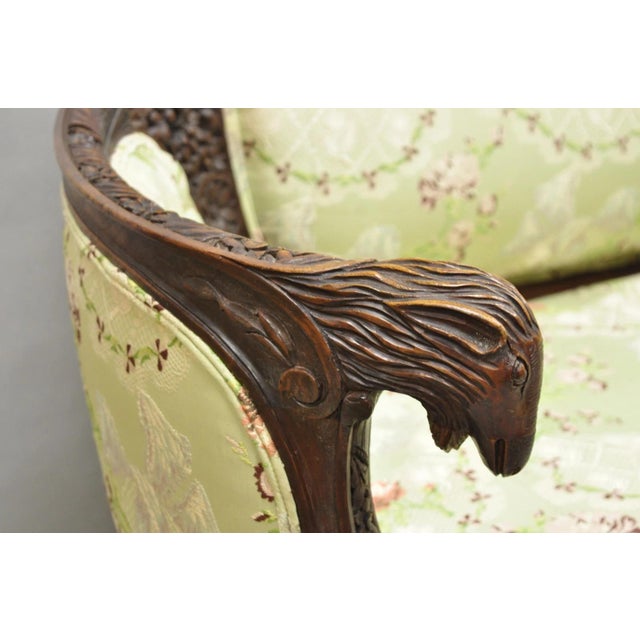 Baroque Antique Italian Renaissance Carved Walnut French Victorian Rams Head Green Sofa For Sale - Image 3 of 18