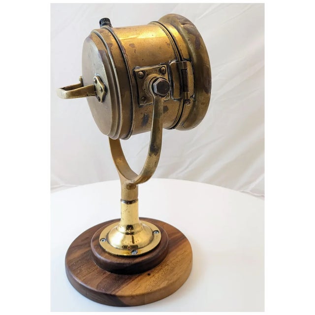 1930s Vintage Brass Yacht Search Light: Nautical Decor With Walnut Base For Sale - Image 5 of 11