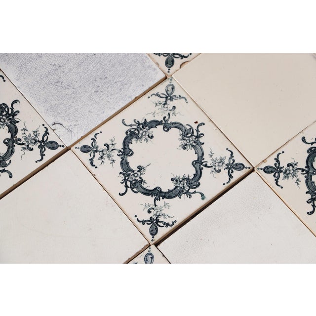 1920s Portuguese Antique Large Art Deco Floral & Plain White Tiles Set of 60 For Sale - Image 10 of 14