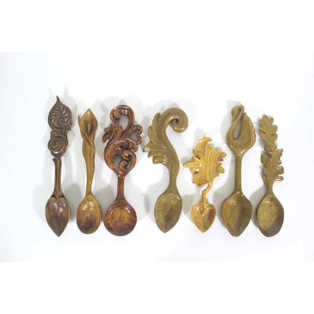 Wood Hand Carved Wood Spoon Folk Art Treen Welsh Love Spoon Leaf For Sale - Image 7 of 7