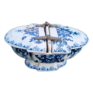 Antique Late 18th Century French Rouen Faience Spice Box with Pewter Mounts For Sale