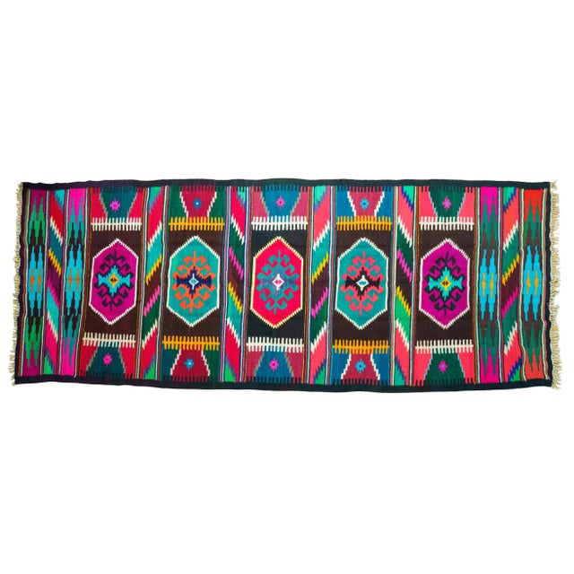 Vintage Romanian Handwoven Wool Flatweave Runner Rug with Geometric Bands and Hooked Medallions, 1960s For Sale - Image 14 of 14