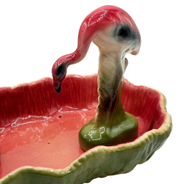 1950s Mid-Century Modern California Pottery Ceramic Flamingo Figurine Set With Tropical Pond Tray - 3 Piece Set For Sale - Image 5 of 17