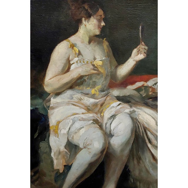 Lajos Jambor -Woman Looking at a Hand Mirror -Oil Painting C.1920s For Sale - Image 4 of 12