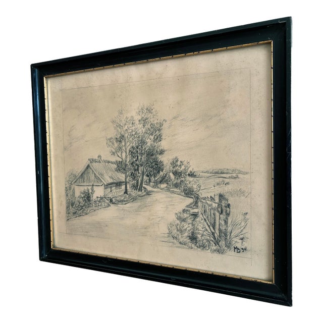 Vintage Original Farmhouse Drawing, 1934 Cottage Countryside Art For Sale