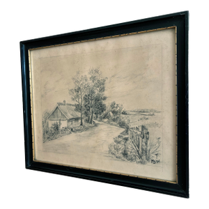 Vintage Original Farmhouse Drawing, 1934 Cottage Countryside Art