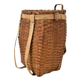 Exceptionally Nice Antique American Hand Woven Ash Wood Splint Adarondack - Maine Backpack Basket For Sale