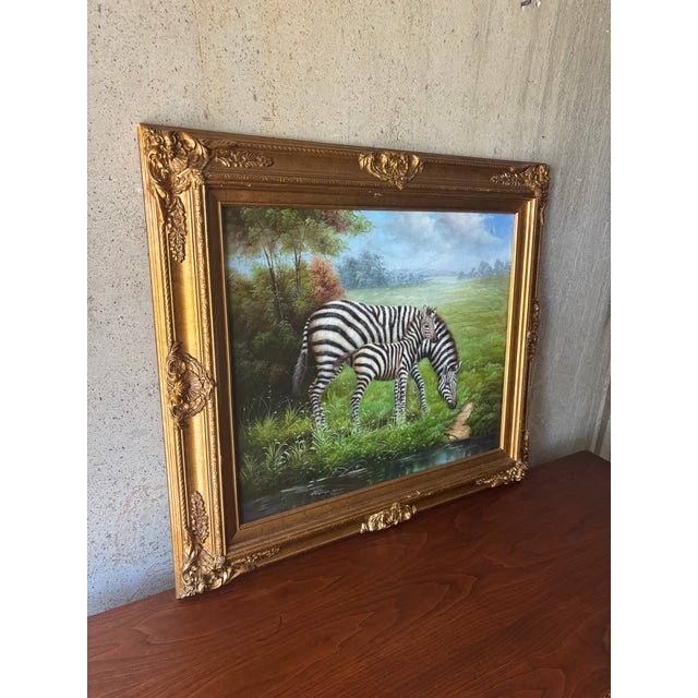Vintage Original Zebra Oil Painting in Gilt Frame - Mother and Child Scene For Sale - Image 4 of 8