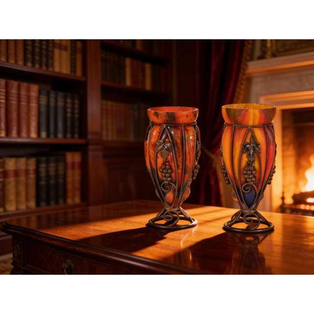 Metal Larry Flynt Estate Provenance | Pair of French Art Deco Le Verre Francais Art Glass & Wrought Iron Vases, C. 1925 For Sale - Image 7 of 11