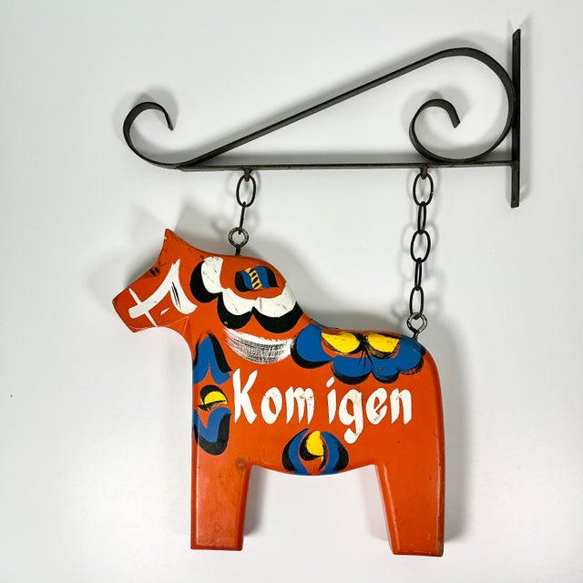 Boho Chic 1970s Vintage Boho Chic Gustavian Swedish Dala Horse House Sign & Iron Bracket For Sale - Image 3 of 15