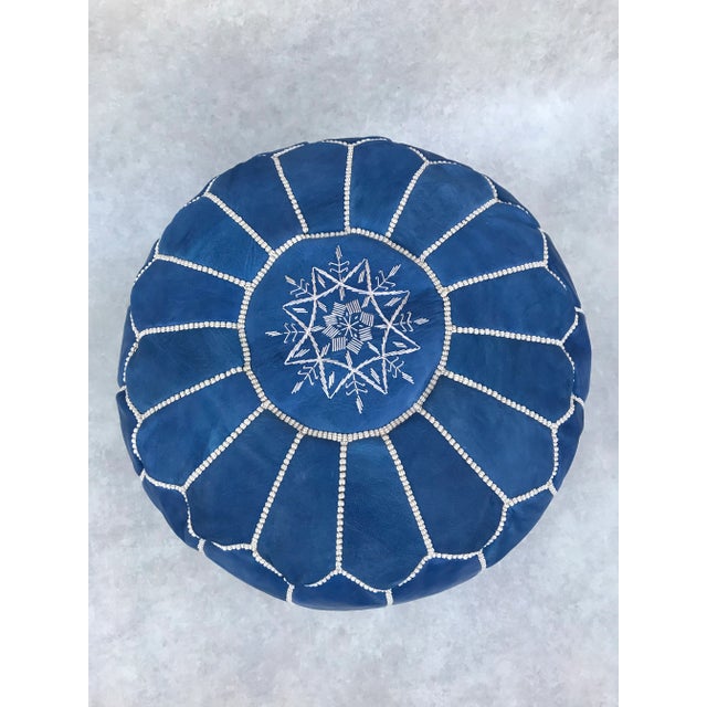 Blue Blue Moroccan Leather Pouf Cover For Sale - Image 8 of 9
