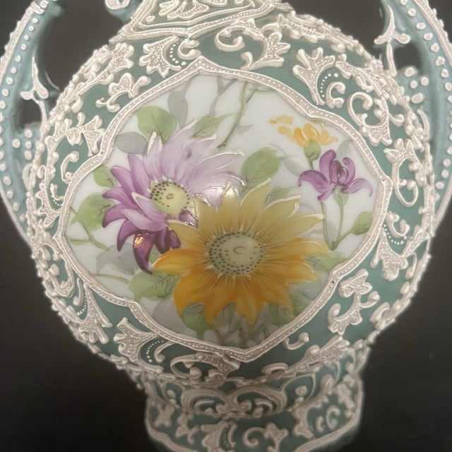 Japanese Japanese Moriage Double Handle Bottle Vase Hand Painted Floral Porcelain 10” For Sale - Image 3 of 11