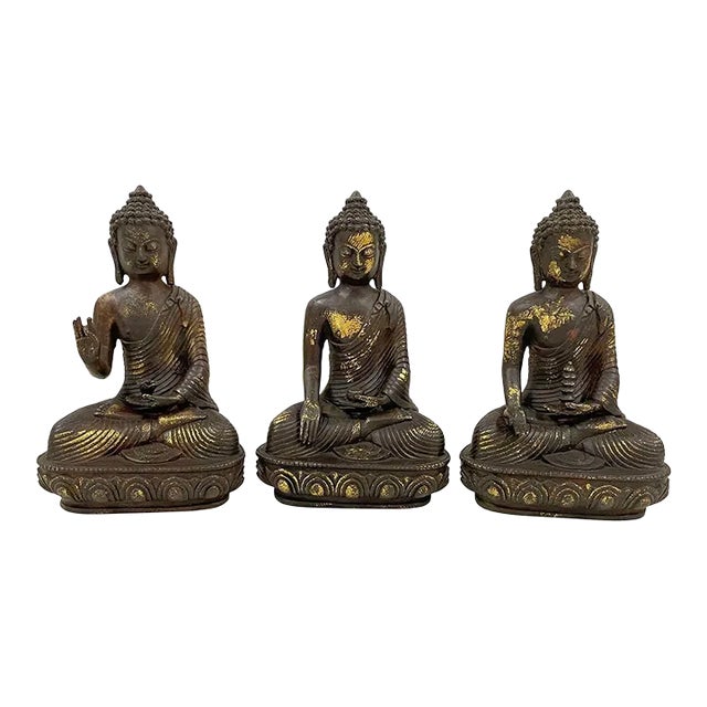 Early 20 Century Antique Carved Bronze 3 Generations of Buddha Statues For Sale