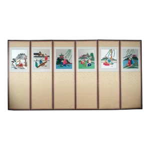Korean 6-Panels Byeongpung / Byobu Traditional Life Embroidered Stories on Back Folding Divider Screen 20th Century