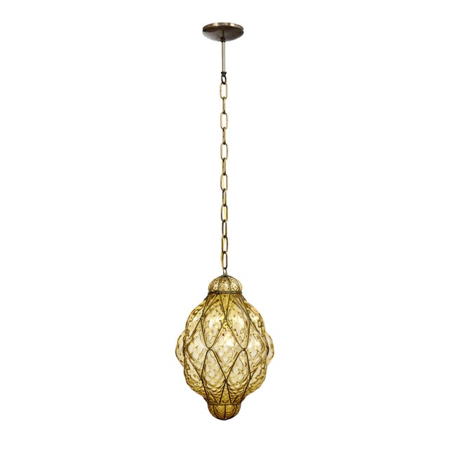 A superb antique Venetian lantern, circa 1920, featuring a richly textured hand-blown glass body in a luminous citrine...