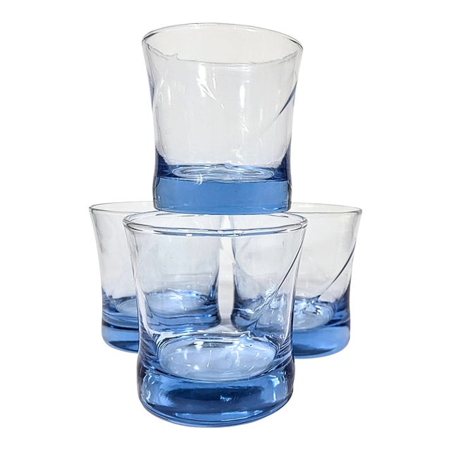 1990s Twirling Blue Vintage Double Old Fashioned Glasses- Set of Four For Sale